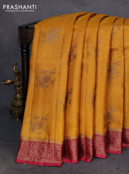 Banarasi tussar silk saree mustard yellow and maroon with thread & zari woven floral buttas and woven border