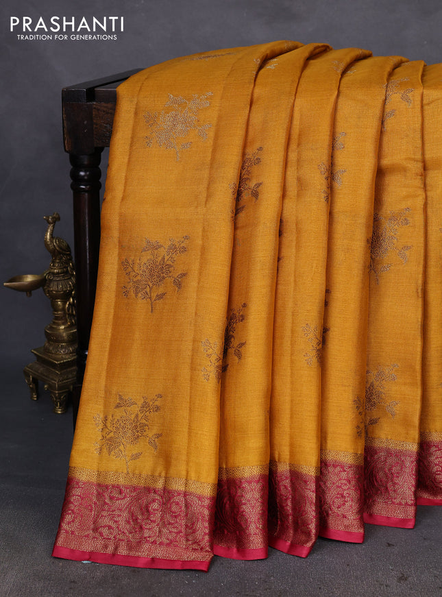 Banarasi tussar silk saree mustard yellow and maroon with thread & zari woven floral buttas and woven border