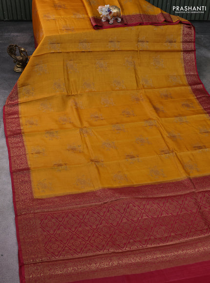 Banarasi tussar silk saree mustard yellow and maroon with thread & zari woven floral buttas and woven border