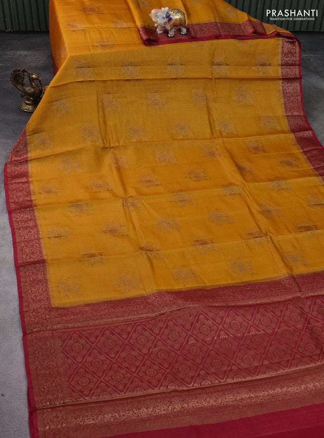 Banarasi tussar silk saree mustard yellow and maroon with thread & zari woven floral buttas and woven border