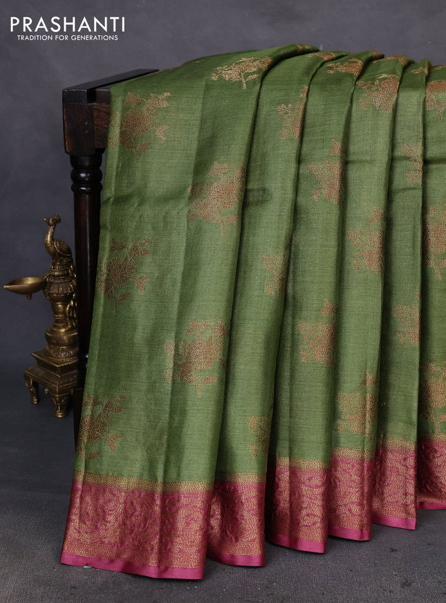 Banarasi tussar silk saree green and pastel maroon with thread & zari woven floral buttas and woven border