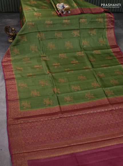 Banarasi tussar silk saree green and pastel maroon with thread & zari woven floral buttas and woven border