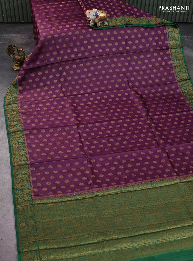 Banarasi tussar silk saree wine shade and green with allover thread & zari woven buttas and woven border