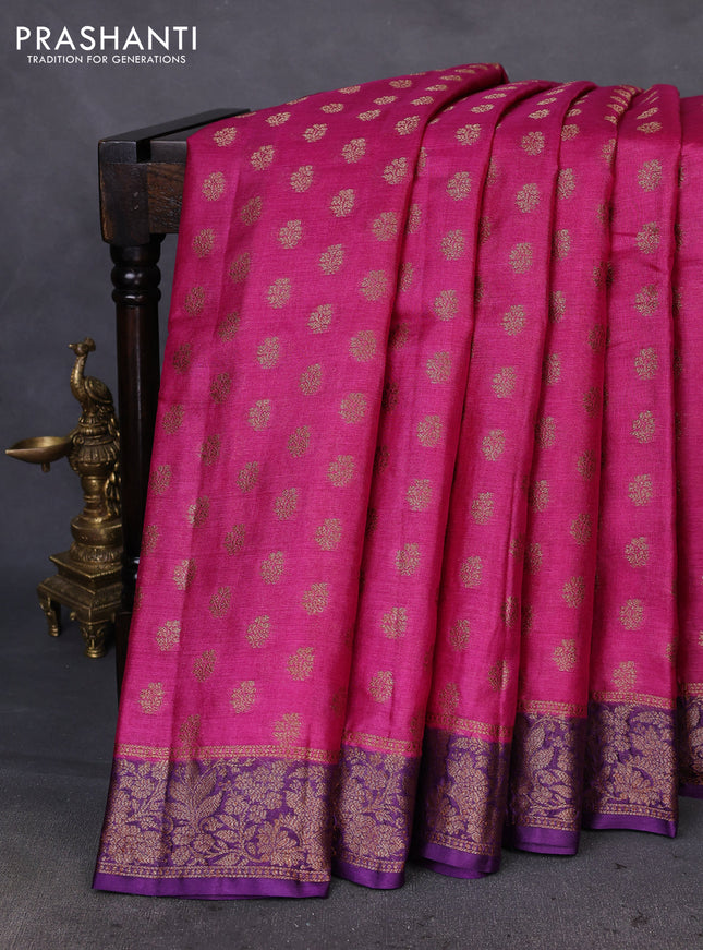 Banarasi tussar silk saree magenta pink and purple with allover thread & zari woven buttas and woven border