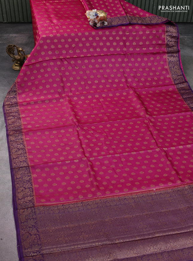 Banarasi tussar silk saree magenta pink and purple with allover thread & zari woven buttas and woven border