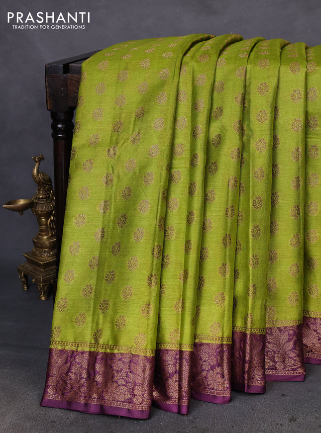 Banarasi tussar silk saree light green and wine shade with allover thread & zari woven buttas and woven border