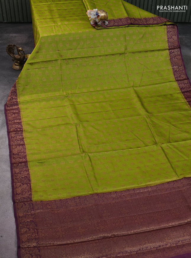 Banarasi tussar silk saree light green and wine shade with allover thread & zari woven buttas and woven border