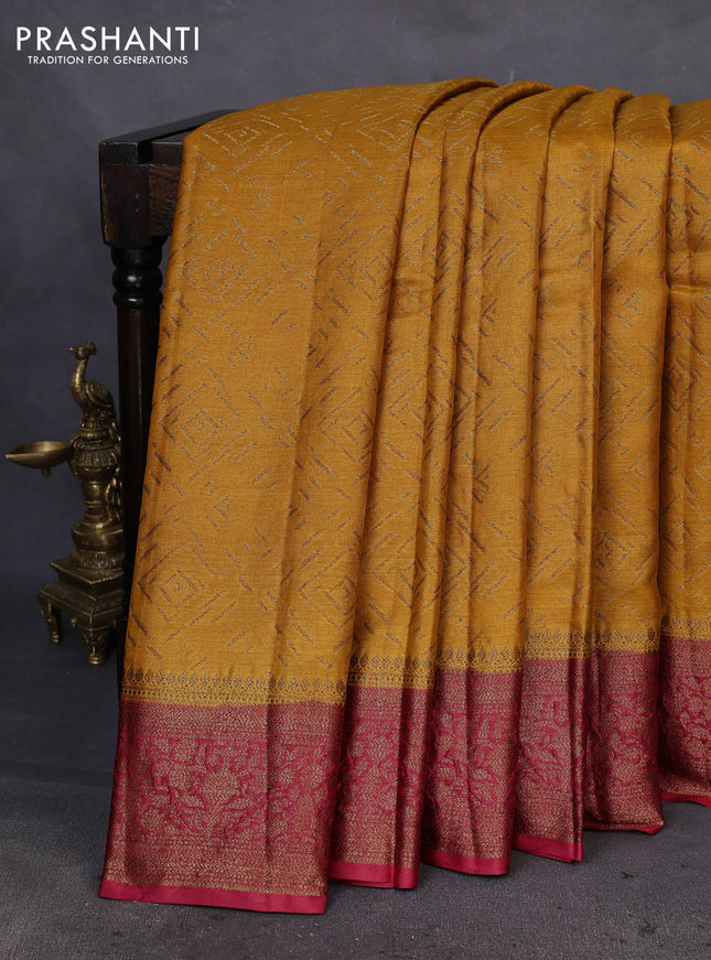 Banarasi tussar silk saree mustard yellow and maroon with allover thread & zari geometric weaves and woven border