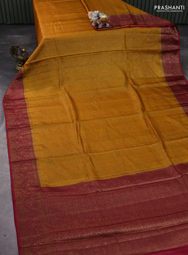 Banarasi tussar silk saree mustard yellow and maroon with allover thread & zari geometric weaves and woven border
