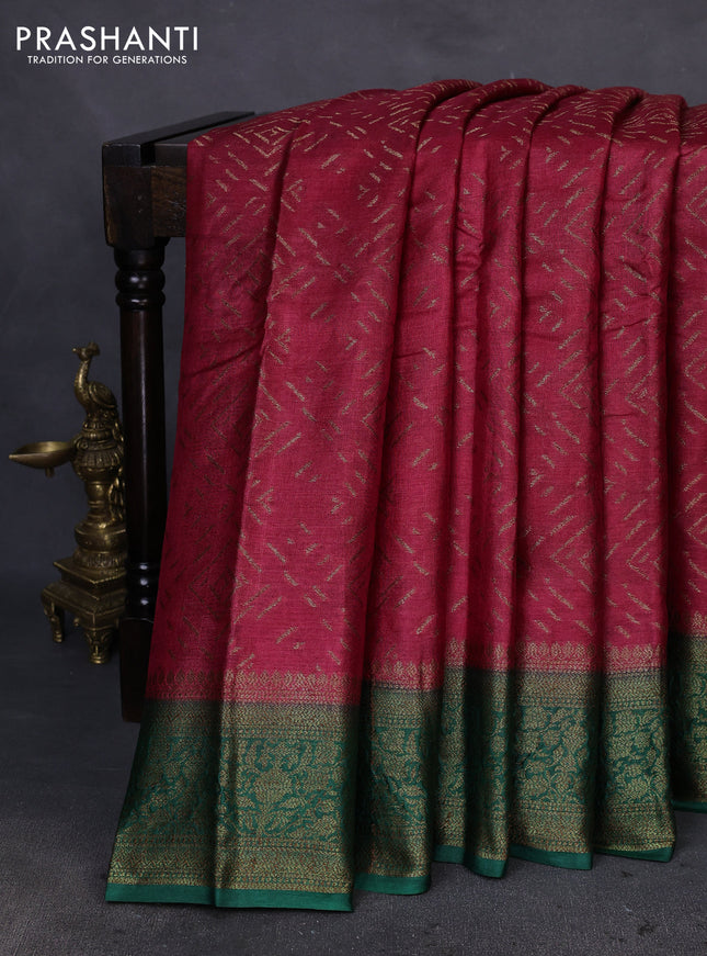 Banarasi tussar silk saree maroon and green with allover thread & zari geometric weaves and woven border