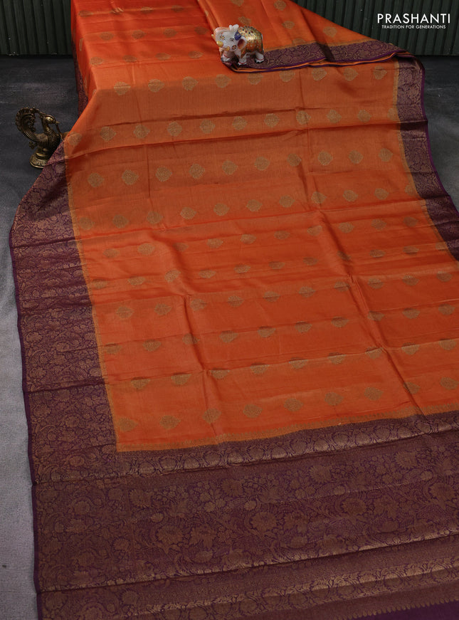 Banarasi tussar silk saree orange and wine shade with thread & zari woven buttas and woven border