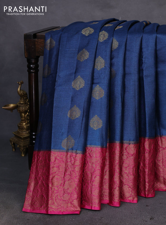 Banarasi tussar silk saree peacock blue and magenta pink with thread & zari woven buttas and woven border