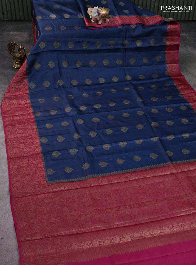 Banarasi tussar silk saree peacock blue and magenta pink with thread & zari woven buttas and woven border