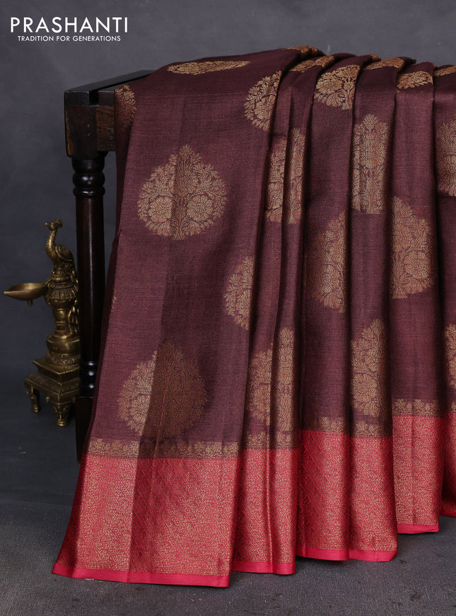 Banarasi tussar silk saree brown and maroon with thread & zari woven buttas and woven border