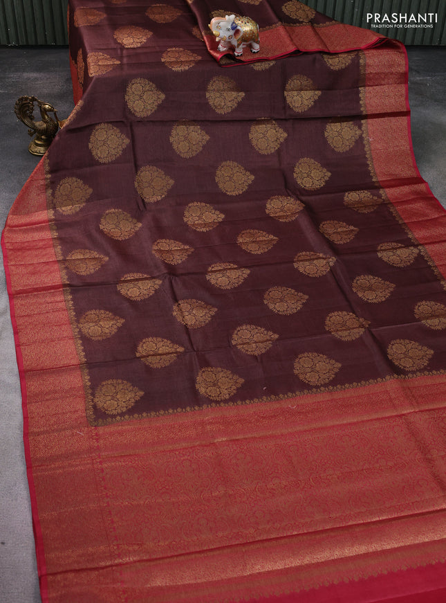 Banarasi tussar silk saree brown and maroon with thread & zari woven buttas and woven border