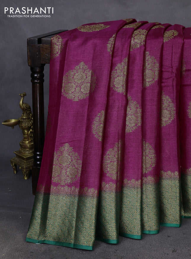 Banarasi tussar silk saree magenta pink and green with thread & zari woven buttas and woven border