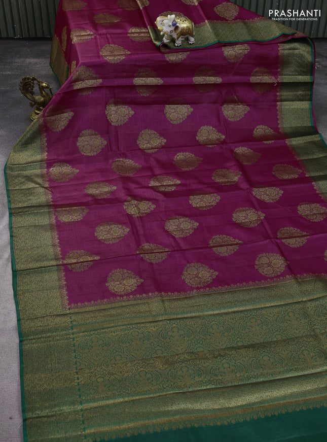 Banarasi tussar silk saree magenta pink and green with thread & zari woven buttas and woven border