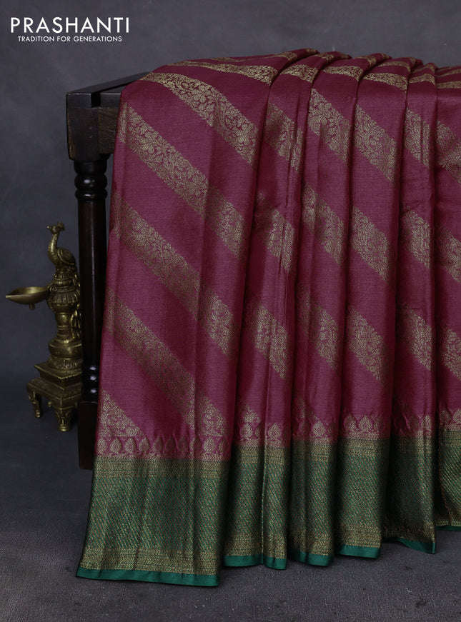 Banarasi tussar silk saree maroon shade and green with thread & zari woven buttas and woven border