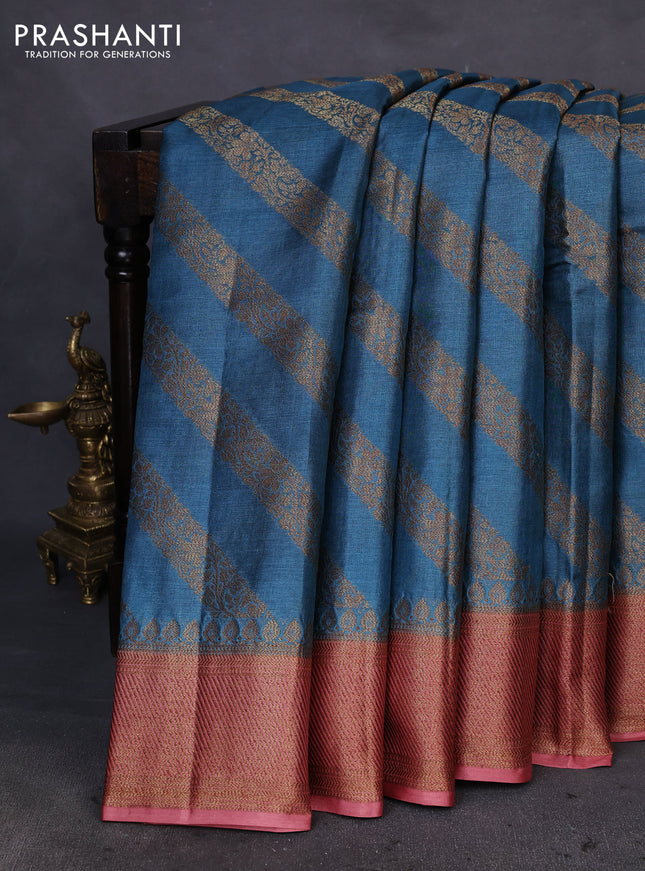 Banarasi tussar silk saree peacock blue and rustic orange with thread & zari woven buttas and woven border
