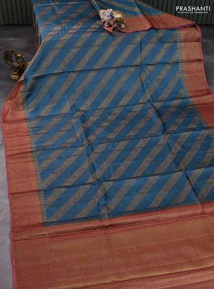 Banarasi tussar silk saree peacock blue and rustic orange with thread & zari woven buttas and woven border