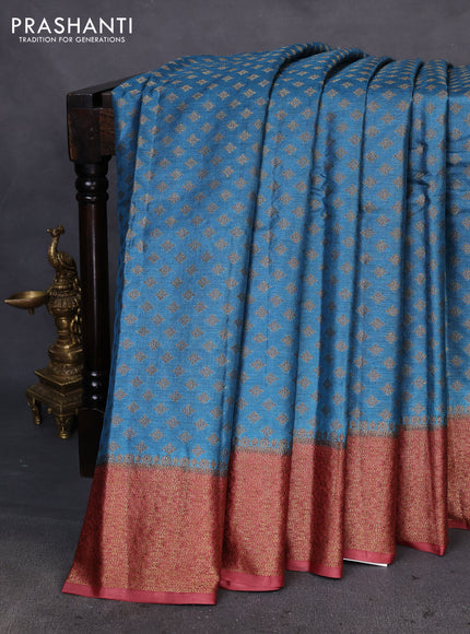 Banarasi tussar silk saree blue and rust shade with allover thread & zari woven buttas and woven border