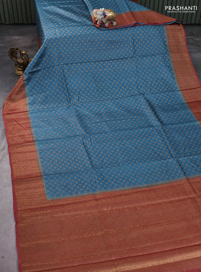Banarasi tussar silk saree blue and rust shade with allover thread & zari woven buttas and woven border