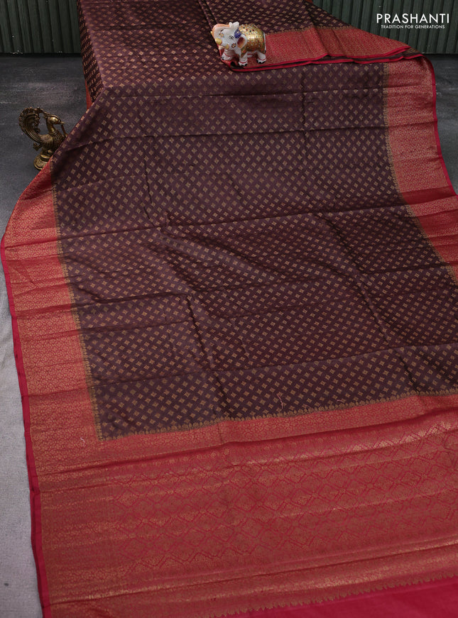 Banarasi tussar silk saree coffe brown and maroon with allover thread & zari woven buttas and woven border