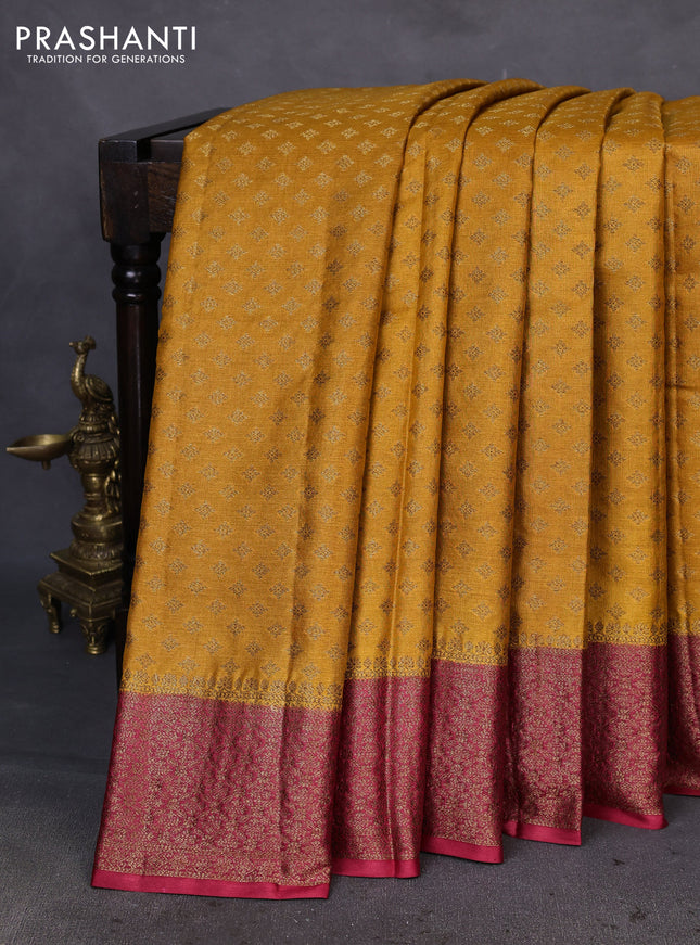 Banarasi tussar silk saree mustard yellow and maroon with allover thread & zari woven buttas and woven border