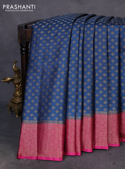 Banarasi tussar silk saree peacock blue and magenta pink with allover thread & zari woven buttas and woven border