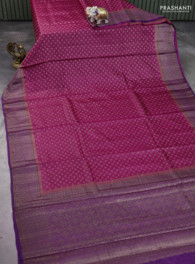 Banarasi tussar silk saree dark pink and purple with allover thread & zari woven buttas and woven border