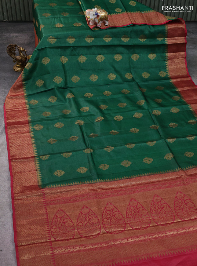 Banarasi tussar silk saree green and maroon with thread & zari woven buttas and woven border