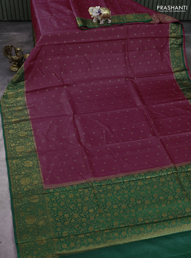Banarasi tussar silk saree magenta pink and green with allover thread & zari woven buttas and woven border