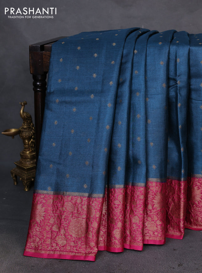 Banarasi tussar silk saree peacock blue and pink with allover thread & zari woven buttas and woven border