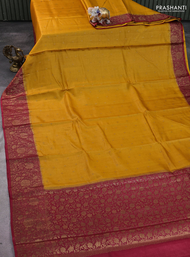 Banarasi tussar silk saree yellow and pink with allover thread & zari woven buttas and woven border