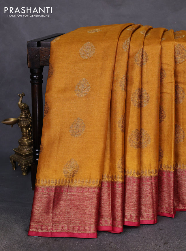 Banarasi tussar silk saree yellow and pink with allover thread & zari woven buttas and woven border