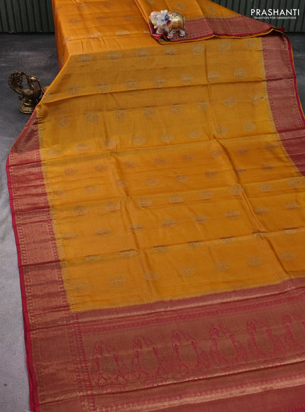 Banarasi tussar silk saree yellow and pink with allover thread & zari woven buttas and woven border