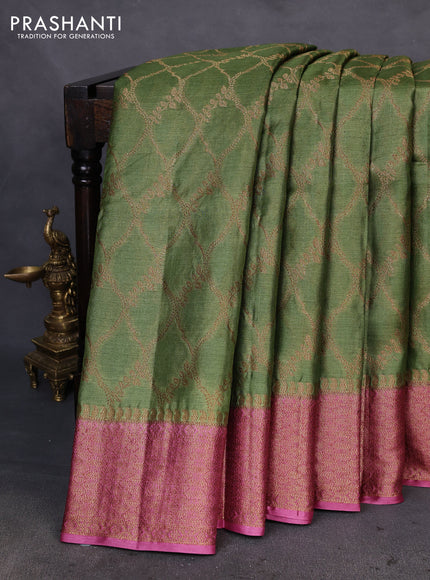 Banarasi tussar silk saree green and pink with allover thread & zari woven buttas and woven border