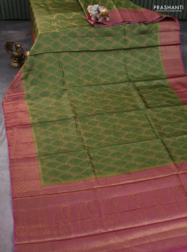 Banarasi tussar silk saree green and pink with allover thread & zari woven buttas and woven border