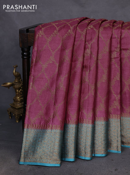 Banarasi tussar silk saree pink shade and teal blue with allover thread & zari woven buttas and woven border