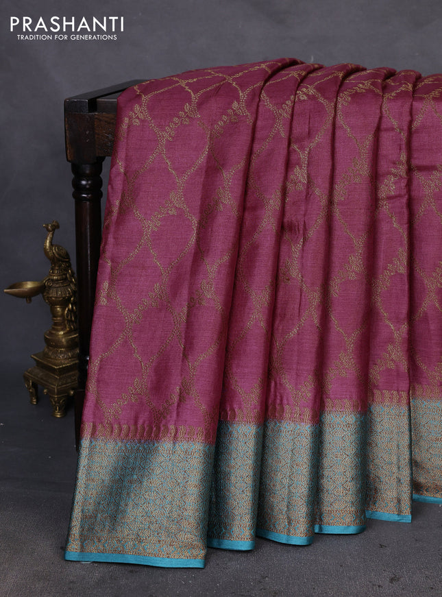 Banarasi tussar silk saree pink shade and teal blue with allover thread & zari woven buttas and woven border