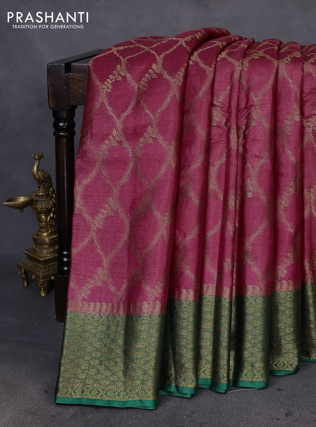 Banarasi tussar silk saree pink shade and green with allover thread & zari woven buttas and woven border