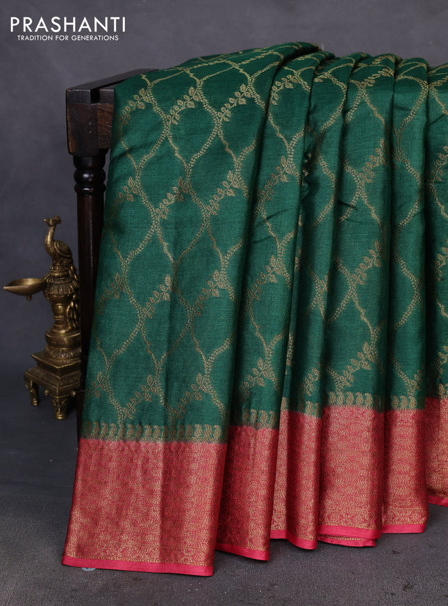 Banarasi tussar silk saree green and pink with allover thread & zari woven buttas and woven border