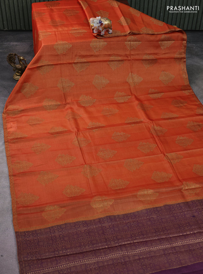 Banarasi tussar silk saree orange and wine shade with thread & zari woven buttas and small woven border