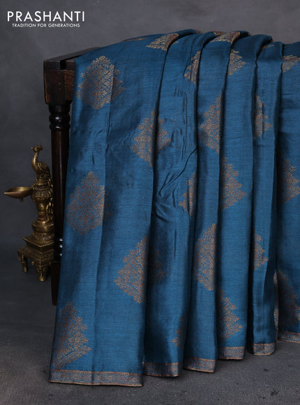 Banarasi tussar silk saree peacock blue and dark pink with thread & zari woven buttas and small woven border