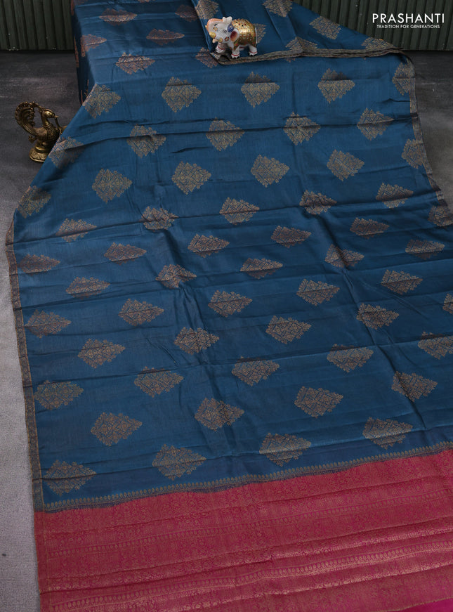 Banarasi tussar silk saree peacock blue and dark pink with thread & zari woven buttas and small woven border
