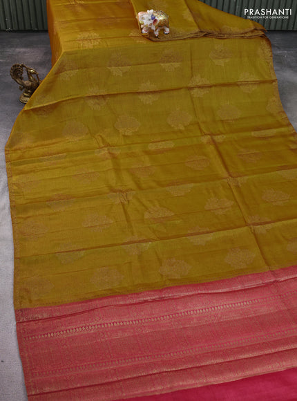 Banarasi tussar silk saree yellow and pink with thread & zari woven buttas and woven border
