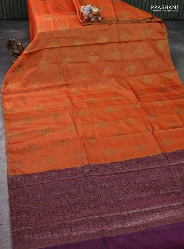 Banarasi tussar silk saree rustic orange and purple with thread & zari woven buttas and woven border