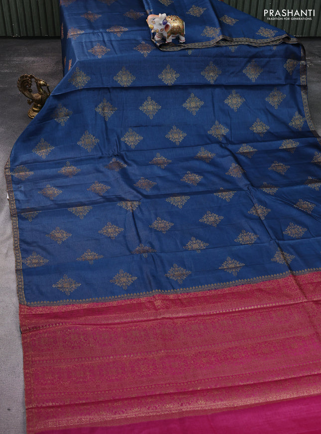 Banarasi tussar silk saree peacock blue and pink with thread & zari woven buttas and woven border