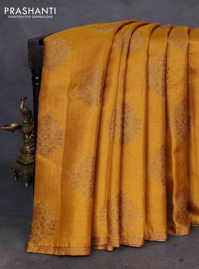 Banarasi tussar silk saree mustard yellow and pink with thread & zari woven buttas and woven border
