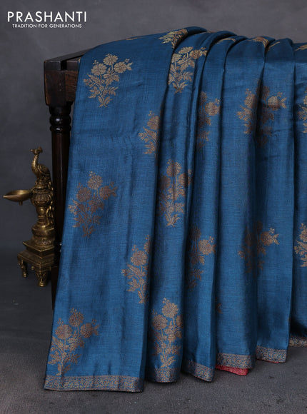 Banarasi tussar silk saree peacock blue and pink with thread & zari woven buttas and woven border